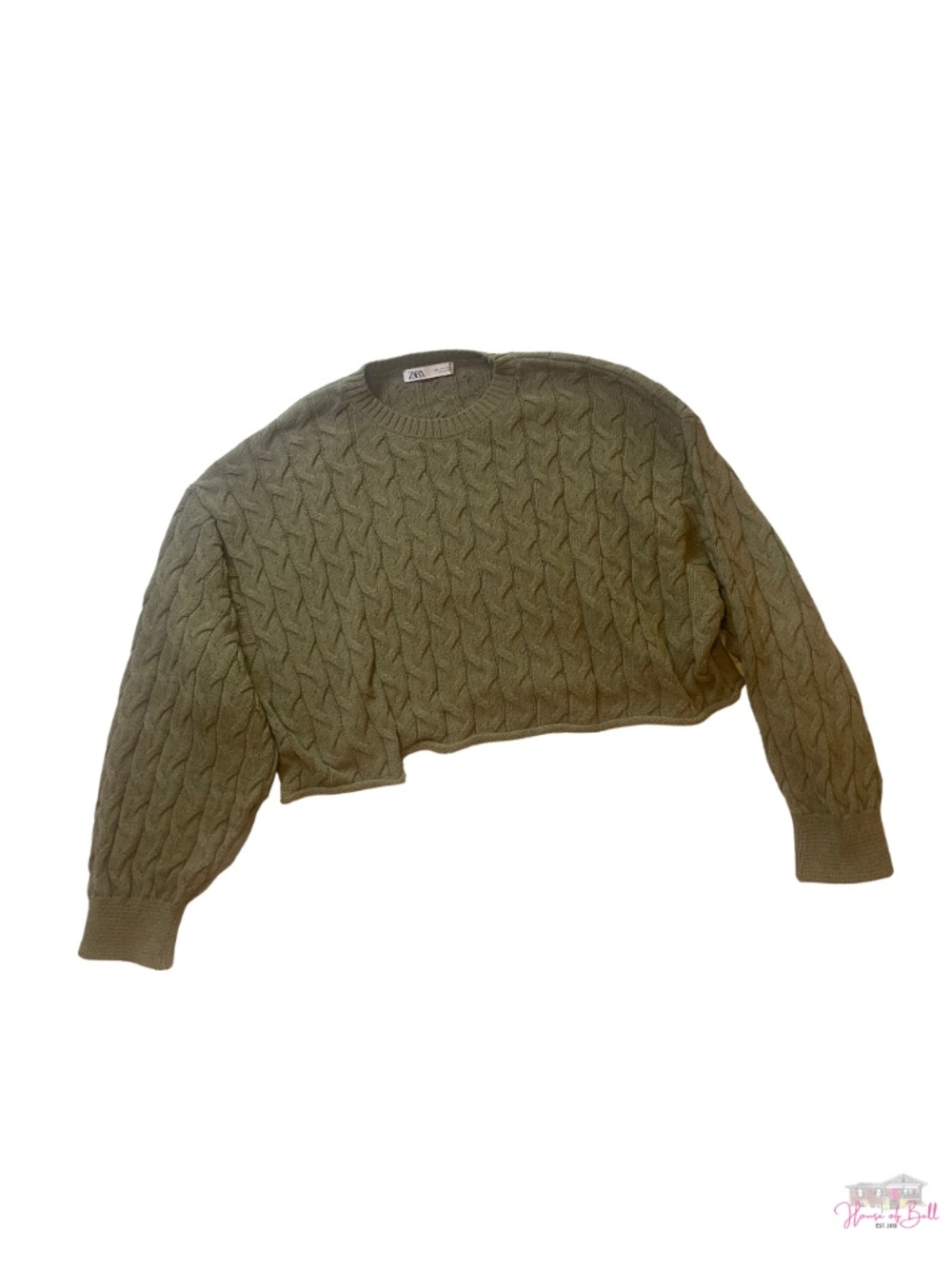 ZARA Olive Sage Green Cable Knit Cropped Sweater Size L | Chunky Cozy